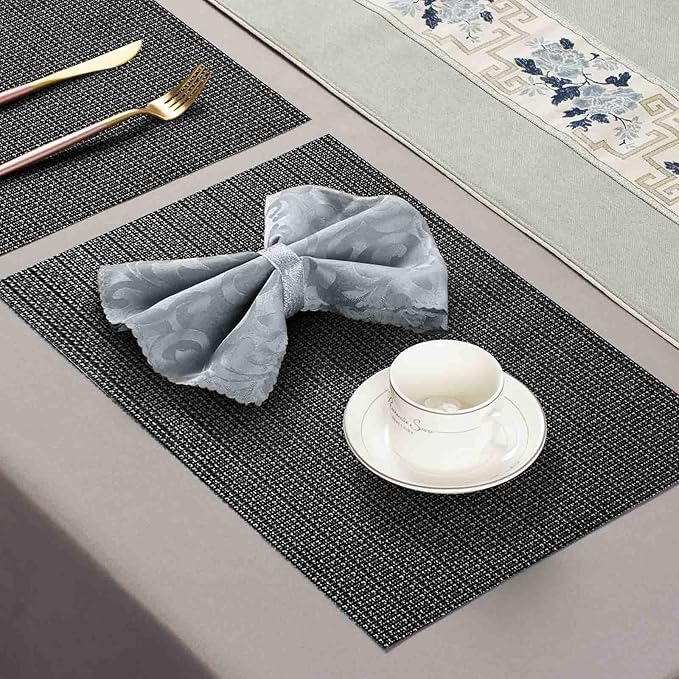 AHHFSMEI Placemats for Dining Table Set of 6 Woven Vinyl Plastic Place Mats Non-Slip Heat Insulation Stain Resistant Table Mats Washable Easy Clean Placemats (Black Silver)