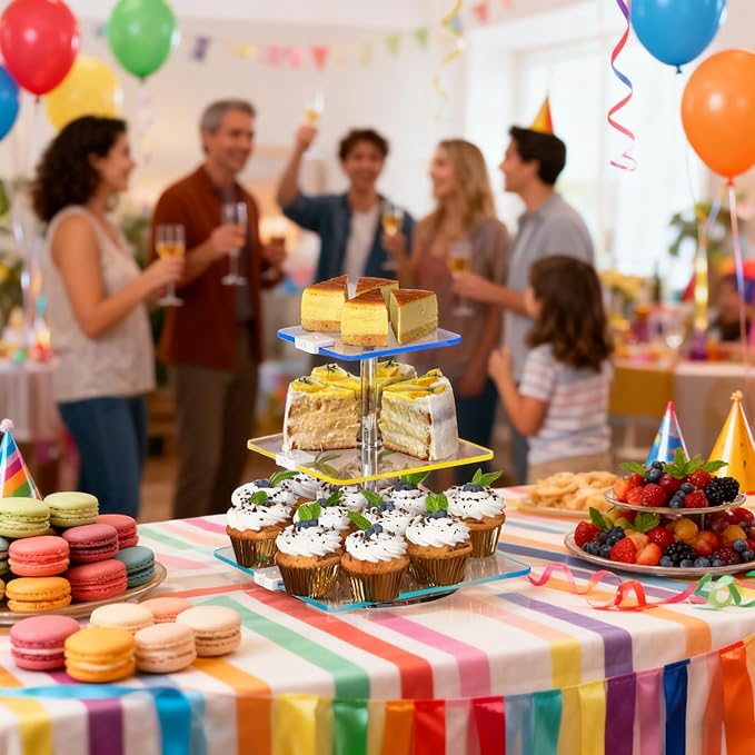 3-Tier Rotating Cupcake Stand with LED Lights - 360° Spinning Display Tower for Desserts, Cakes & Pastries - Rechargeable 7-Color Changing Serving Tray for Weddings, Parties & Festive Gatherings (Round Clear Acrylic)