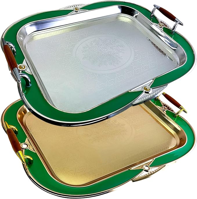 (Pack of 2) 20.3 inch x 15.5 inch Floral Shape Antique Chrome Plated and Iron Gold Serving Tray with Handles Green Edge Floral Engraved Dessert Buffet Decor Platter Plate Base TTL-014