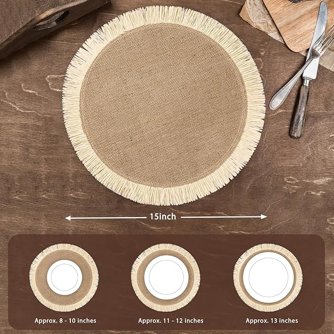 Round Burlap Placemats Set of 12 Jute Rustic Place Mats for Dining Tables Heat Resistant Natural Farmhouse Table Mats Decor for Thanksgiving (Sun Flower)
