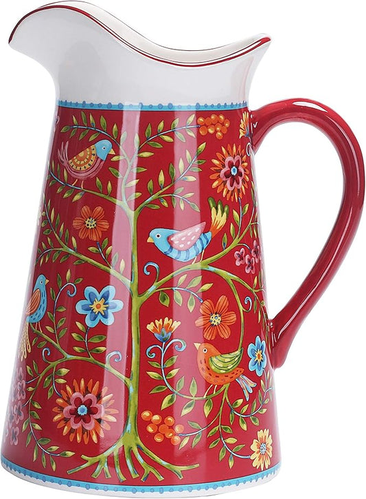 Bico Red Spring Bird Ceramic 2.5 Quarts Pitcher with Handle, Decorative Vase for Flower Arrangements, Dishwasher Safe