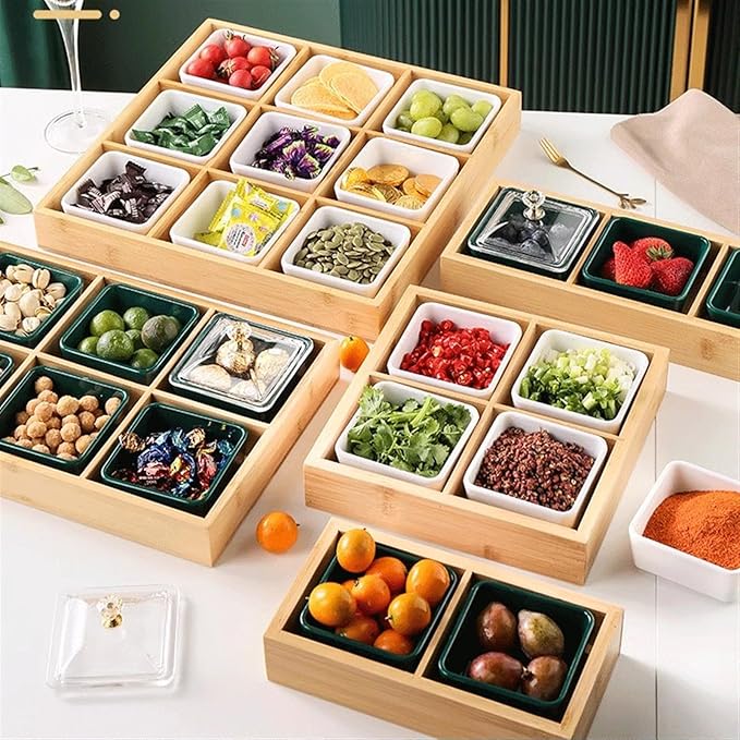 Seasoning Plate Green Ceramic Spice Plate with Lid and Bamboo Tray. 3 Removable Dip Bowls Used for Appetizers, Potato Chips, Fruits, Sweets and Spices Ceramic Sauce Plates (