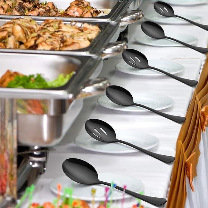 LIANYU 6-Piece Large Black Serving Spoons, Black Slotted Spoons, Stainless Steel Serving Utensils for Party Buffet Restaurant Banquet Dinner Catering, 9.8Inch, Dishwasher Safe