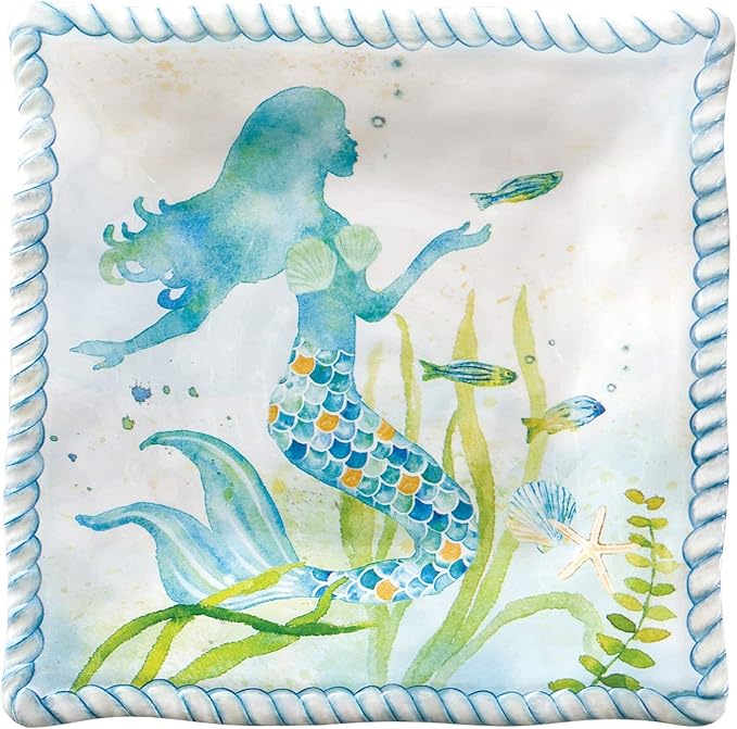 UP UPware Mermaid Melamine Square Dessert Plates, Small Serving Plates, for Appetizer, Snacks, and Side Dishes, Blue, 6 Inch, Set of 4