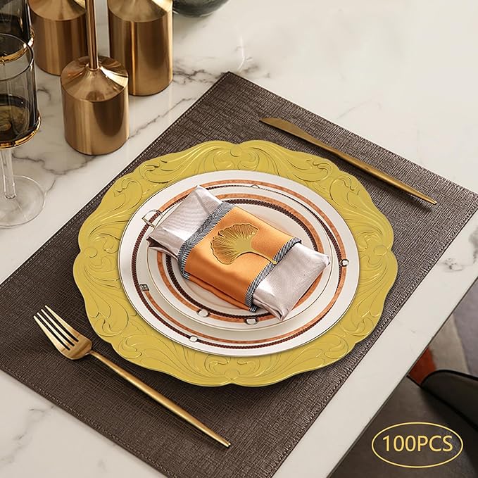 100 Pcs Antique Charger Plates Bulk Round Plastic Dinner Plate Embossed Rim Server Plate Decorative Chargers Floral Plates for Dinner Parties Wedding,13 Inch (100pcs-gold3)