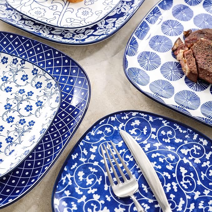Selamica Porcelain Square Dessert Salad Pasta Steak Plates 10 inches ceramic plates set of 6 microwave/dishwasher/oven safe, Vintage Blue