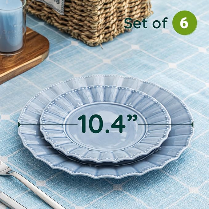 HOMBENE Dinner Plates 10.5 Inches Set for 6, Ceramic Plates, Salad Serving Plates, Wavy Style, Microwave & Dishwasher Safe Plates for Cake Waffles Snacks (Celestial Blue)