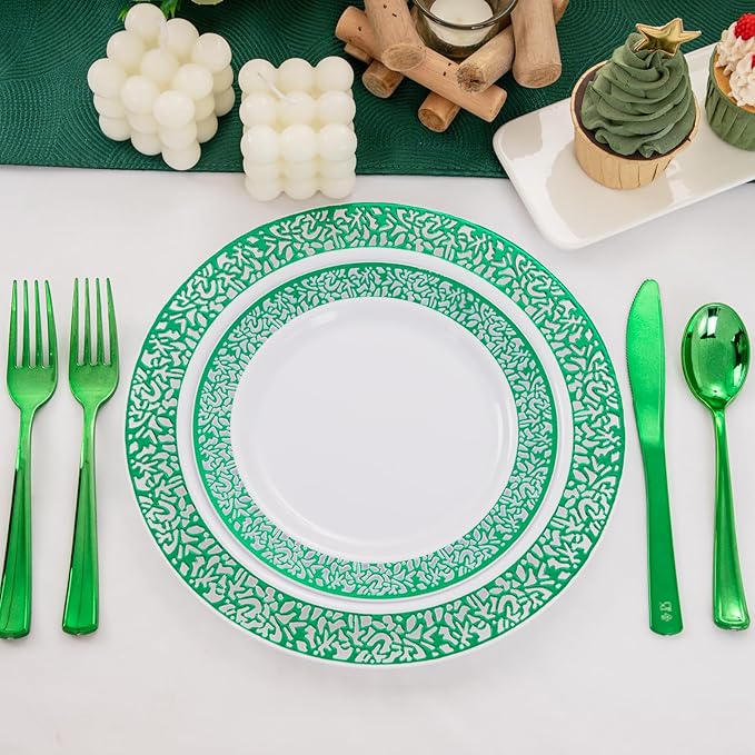 U-QE 150PCS Green Christmas Plastic Plates with Plastic Silverware, Green Christmas Disposable Plates for 30 Guests Include 30 Dinner Plates, 30 Salad Plates,30 Guests Silverware Perfect for Party