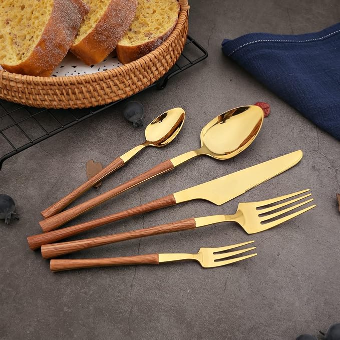 20-piece Stainless Steel Flatware Set with Wooden Handle, Wood Silverware Set for 4, Mirror, Dishwasher Safe, for Home Kitchen Travel - Small Waist Handle Gold