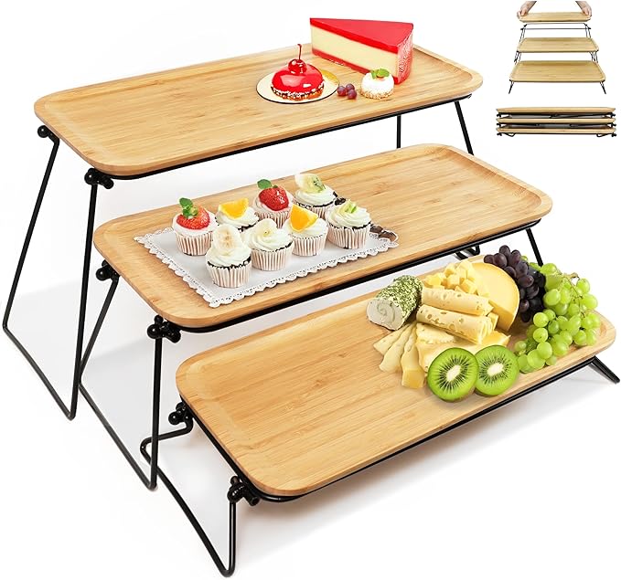 FINESSY 3 Tier Serving Tray for Party Dessert and Appetizer Stand, Wooden Three Tiered Serving Tray Stand & Platter Tower Plate for Food Fruit Cookie Afternoon Tea Hosting, Dessert Table Display Set