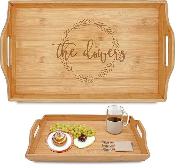 Personalized Bamboo Wood Serving Tray with Handles, Engraved Wooden Trays, Wedding Gifts, Housewarming Gifts (The Dowers)