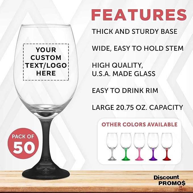 Custom Rioja Grand Wine Glasses 20.75 oz. Set of 50, Personalized Bulk Pack - Perfect for Hotel, Bar, Restaurant or Lounge - Black