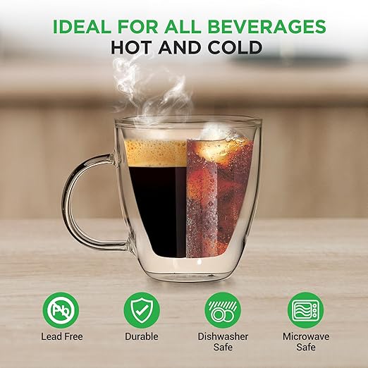 NutriChef Insulated Glass Coffee Cups - 48-Pack 5 oz Mugs, Double Wall Heat-Proof & Sweat Free Clear Drinkware for Hot & Cold Drinks - Coffee Espresso Cappuccino Tea, Microwave & Dishwasher Safe