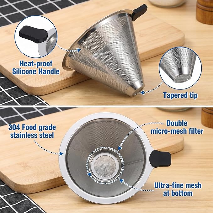 Pour Over Coffee Filter Dripper Stainless Steel Paperless Drip Coffee Tea Filter Small Size Reusable Double Mesh Coffees Maker Dripper for 1-2 Cups