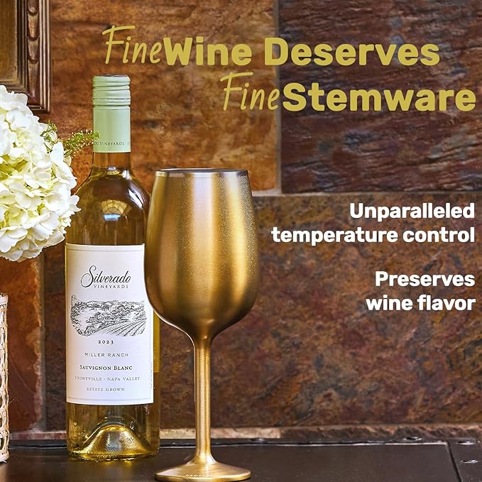 NEWPORT Stemware Collection Premium Vacuum Insulated Stainless Steel Wine Glass, Lightweight Wine Glass, Unbreakable & Drinks Stay Cold, Non-Slip Silicon Base, Cocktail Glasses, 12oz, Steel