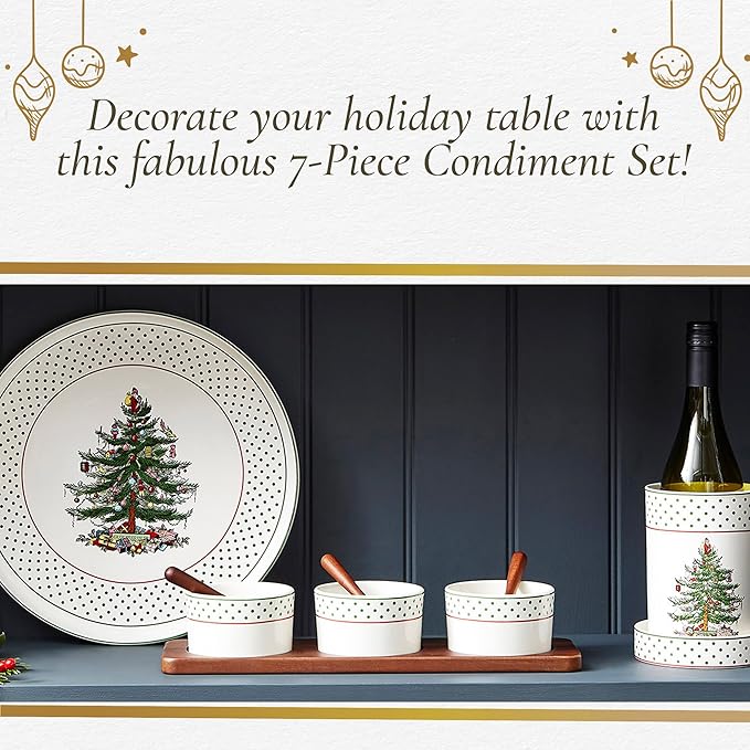 Spode Christmas Tree Condiment Set - 7 Piece Holiday Serveware Set - Ceramic Dip Bowls, Spoons, Serving Tray Included - Appetizers, Sauces, and Snacks - Polka Dot, Festive Entertaining