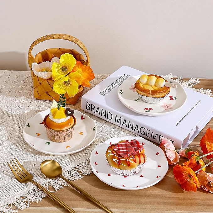 Koythin Ceramic Dessert Plates, Cute Fruits Dinner Plate, Creative Plates Design, Printed Flowers Dinnerware for Office and Home, Kitchen Plates for Desserts (Small Love)