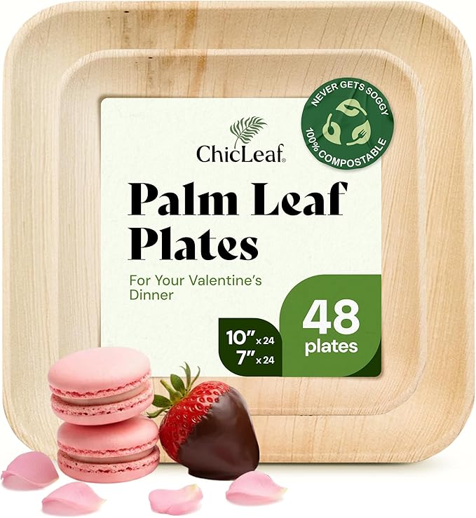 Chic Leaf Compostable & Biodegradable Palm Leaf Disposable Bamboo Plates - Disposable Party Plates for Appetizers - Valentine's Romantic Dinner Table, Reusable Supplies (10 & 7 Inch Square)
