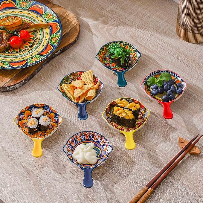 Henten Home Porcelain Sauce Dishes with Handle, 4 Inch Ceramic Dipping Dish Set of 6, Colorful Salsa Bowls for Sushi, Snack, Appetizer, Bohemian Style, Dishwasher & Microwave Safe
