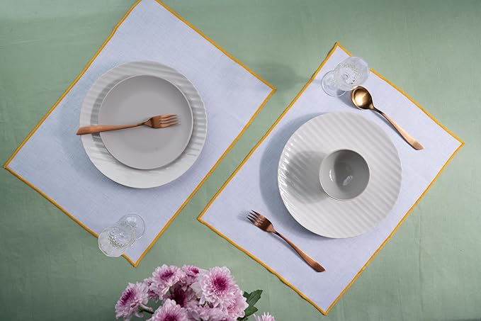 D'Moksha Homes White Linen Placemats with Yellow Embroidered Trim, Set of 4-14 x 19 Inch, 100% Pure Linen Cloth Placemats White & Yellow for Dining, Christmas, Holiday, New Year - Machine Washable