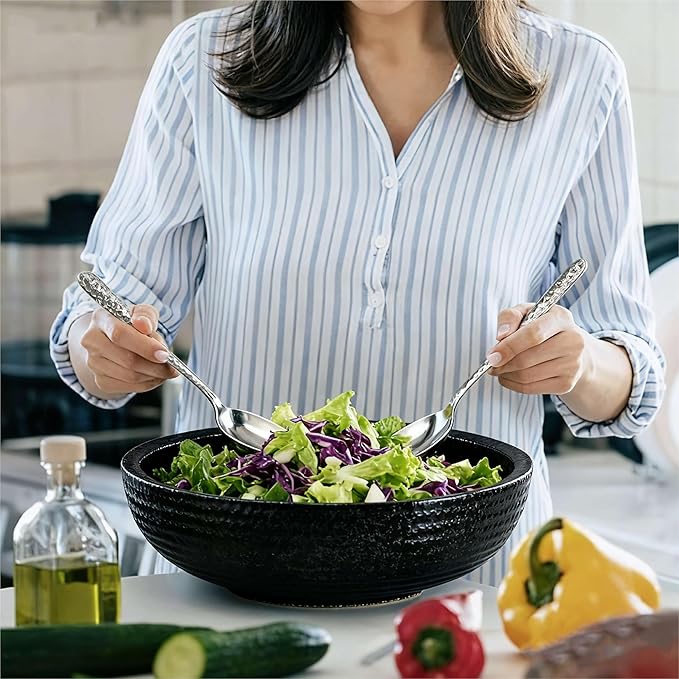 11.5-Inch Large Ceramic Salad Bowl Set – Speckled Stoneware with Stainless Steel Servers, Handcrafted Texture, Dishwasher Safe (Obsidian Black)