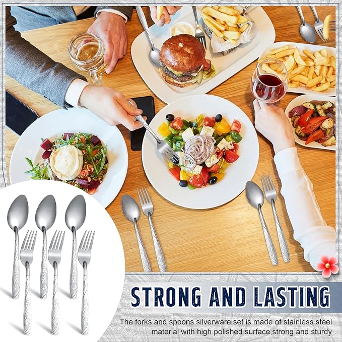 Minatee 200 Pcs Forks and Spoons Silverware Set Stainless Steel Flatware Cutlery Set Heavy Duty Metal Spoons and Forks for Kitchen Utensil Dinner Restaurant Home Mirror Polished (Flower)