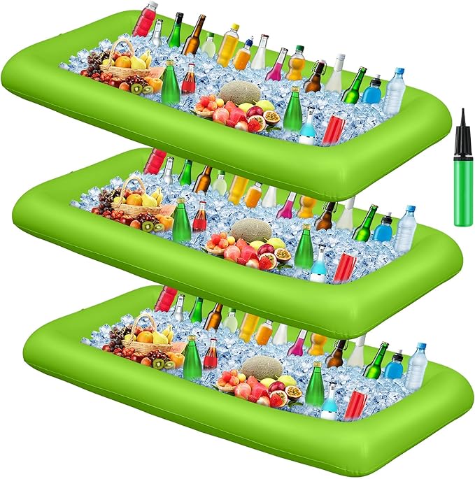 Leitee 3 Pcs Inflatable Serving Bar 52 x 24 x 5'' Ice Buffet Serving Tray Drink Cooler with Drain Plug Inflatable Pool Bar for Party Food Drink Holders with a Hand Pump(Green)
