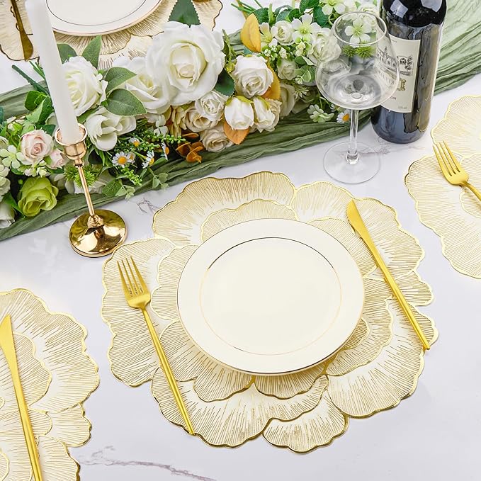Floral Round Placemats Set of 6 Gold Vinyl Table Mats Heat Resistant Non Slip Place Mats for Dinning Table Setting Christmas Wedding Thanksgiving Party Decoration