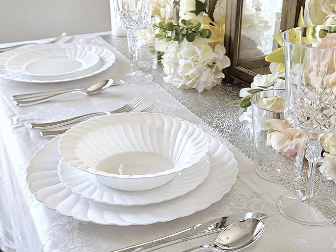 " OCCASIONS " 200pcs set (25 Guests)-Vintage Wedding Party Disposable Plastic Plates -25 x 10.25'' + 25 x 7.5'' + Silverware + 12oz Cups + Napkins (Blossom in White)