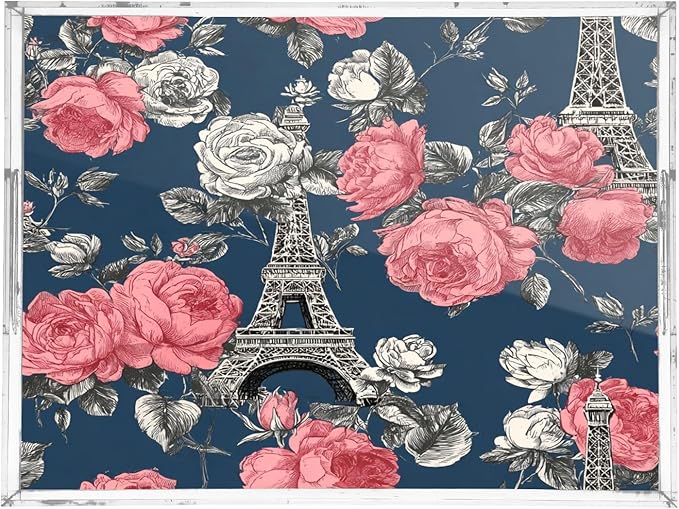 Serving Tray with Handles Clear Acrylic Tray 12x16 Inch Decorative Rectangular Tray Organizer for Ottoman Coffee Table Bathroom Blue French Eiffel Tower and Roses