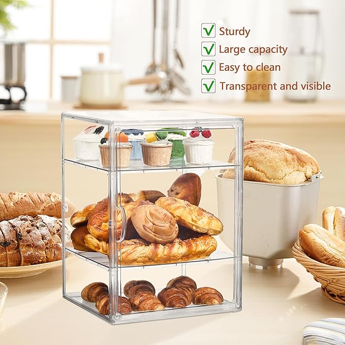 Pastry Display Case,Bread Box for Kitchen Countertop,4 Layers Adjustable Clear Bread Storage with Magnetic Door Bakery Pastry Display15.5x11.4x9.8inch,4 Pack