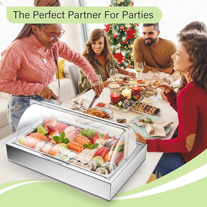 Ice Food Serving Display Tray with Clear Roll Top Cover, 1 x 1 Pan Stainless Steel Cold Food Buffet Condiment Dispenser Display Rack with 1 Clip & 2 Ice Trays for Restaurant Hotel Kitchen Party