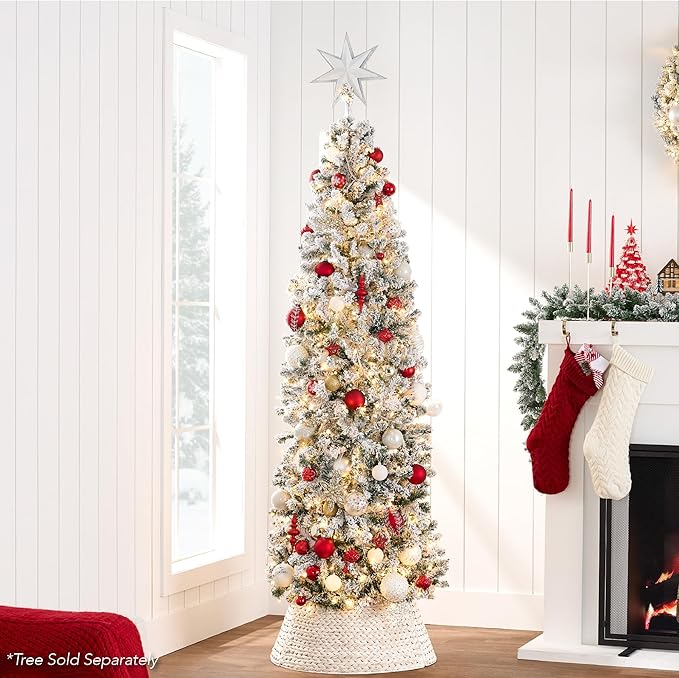 Best Choice Products 42in Christmas Tree Collar, Woven Hyacinth 4-Piece Holiday Rattan Tree Skirt Accessory for Home w/Cord Cut-Out - Transparent White