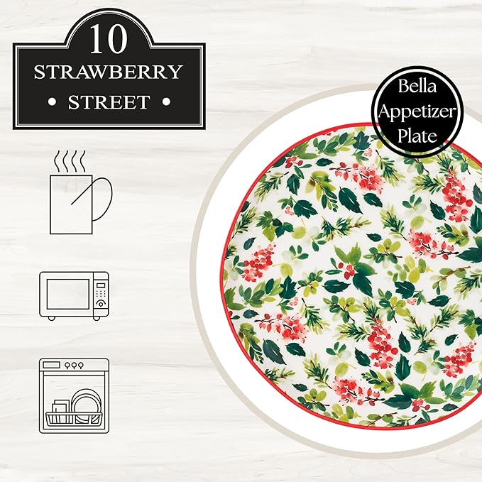 10 Strawberry Street Bella Holiday Appetizer Plates, Holly, Set of 4