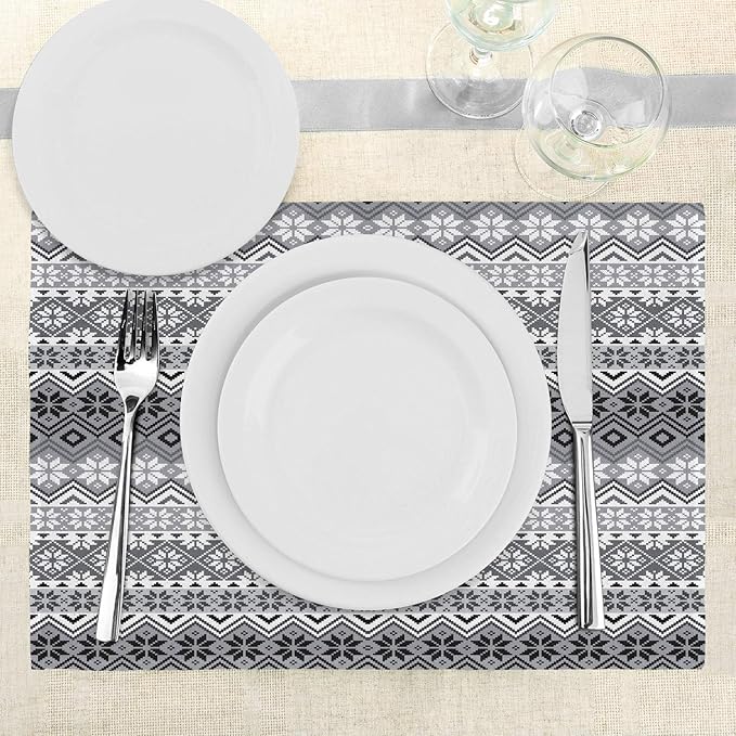 Ambesonne Grey Place Mats Set of 4, Nordic Snowflake Knit Patterns Scandinavian Motifs Traditional and Modern Print, Washable Fabric Placemats for Dining Table, Standard Size, Gray White