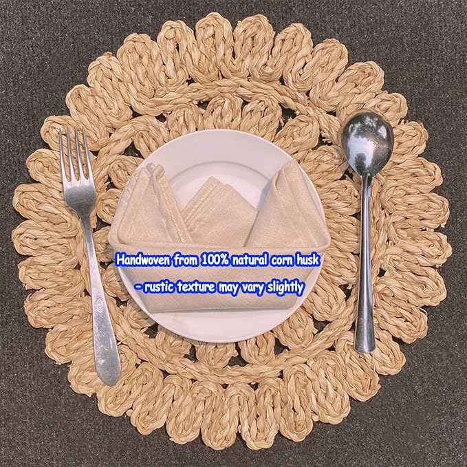 13.8" Round Corn Husk Placemats | Boho Woven Rattan Table Mats | Natural Spring Farmhouse Plate Chargers | Handmade Rustic Wicker Place Mats for Christmas Wedding (Set of 4)