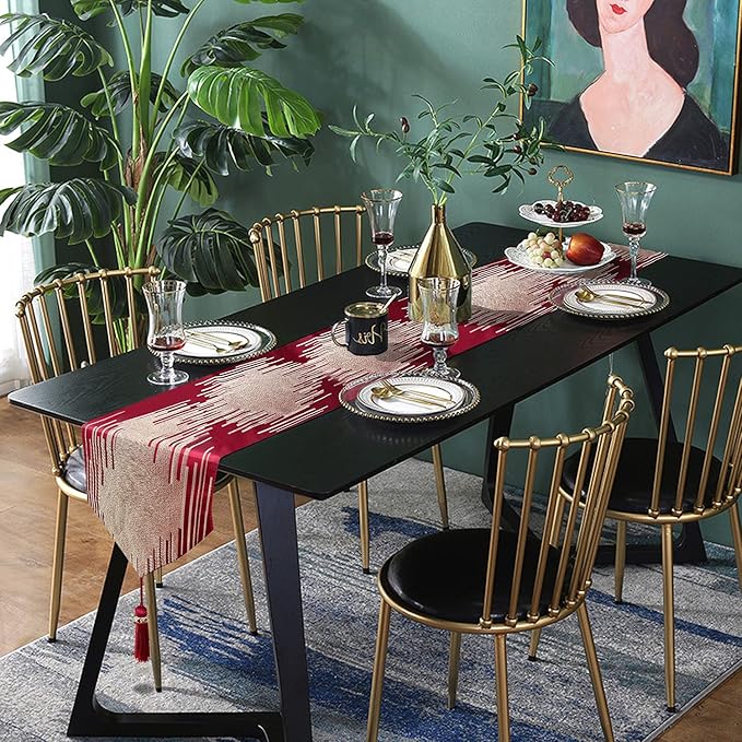 Luxury Red Table Runner 98 Inches Long Abstract Geometry Lines with Tassel Thick Fabric Handmade Embroidery Table Runners for TV Console Night Stands Keyboard Sideboard Home Decor