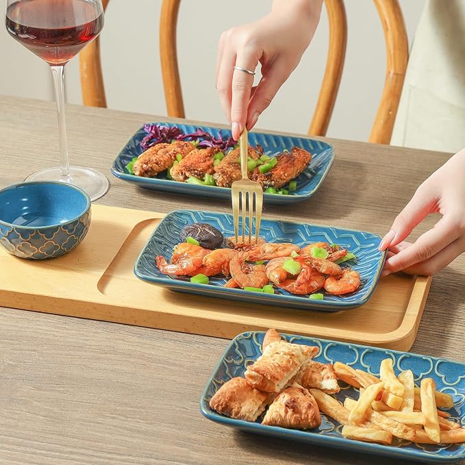 Sureasy Ceramic Salad Plates, Rectangular Appetizer Plates 8 inch, Small Serving Plates for Entertaining, Small Dinner Plates Set for Dessert, Sushi, Embossed Porcelain Dish, Set of 4, Blue