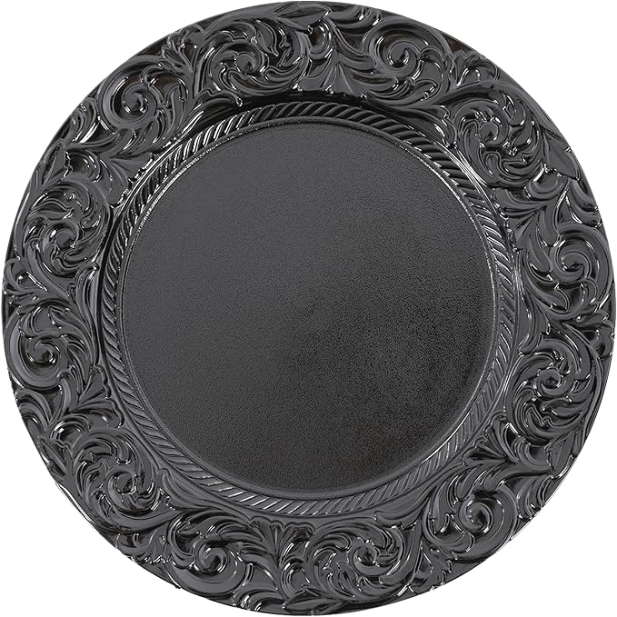 50 Pcs Antique Charger Plates Bulk Round Plastic Dinner Plate Embossed Rim Server Plate Decorative Chargers Floral Plates for Dinner Parties Wedding,13 Inch (balck-50pcs)