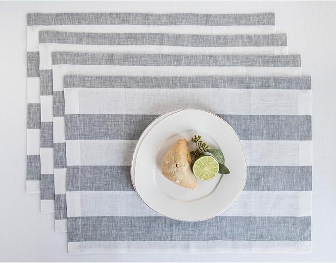 Solino Home Linen Placemats Set of 4 - Cabana Stripe Grey and White Placemats 14 x 19 Inch - 100% Pure Linen Place Mats for Christmas, Winter, New Year