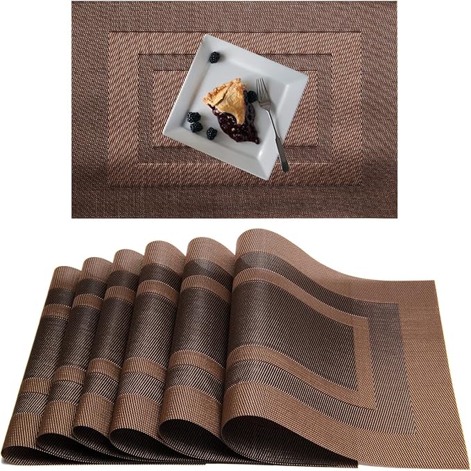 Placemats,PlasticVinyl Washable Heat-Resistant Durable PVC Non-Slip Woven for Kitchen Dining Table Mats (Set of 6, Brown)
