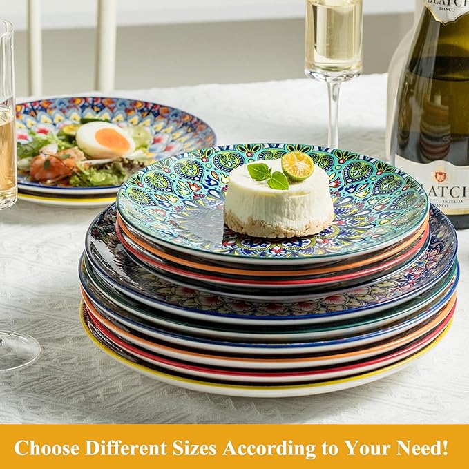 Ceramic Dinner Plates, 8.5 Inch Small Salad Dessert Plate Set of 6, Colorful Bohemian Plates for Appetizers, Snacks, Fruit, Small Plate Set for Kitchen & Restaurant, Microwave, Oven and Dishware Safe