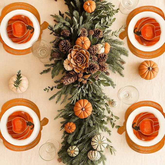 Jinei 8 Pcs Thanksgiving Fall Tableware Set Include Large Ceramic Pumpkin Shaped Plates White Dinner Ceramic Plates Small Pumpkin Shaped Bowls and Place Mats for Autumn Halloween Table Party Decor