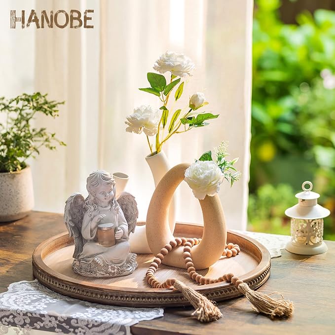 Hanobe Large Round Decorative Tray: 45cm Coffee Table Beaded Tray Vintage Circle Big Wood Trays Decor Rustic Farmhouse Ottoman Centerpiece Serving Home for Counter
