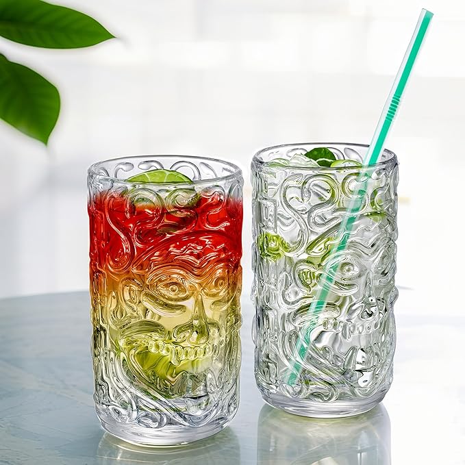 Clear Glass Drinking Glasses Set of 2 Tiki Drinking Glasses Cups 14.5oz for Cocktails,Water,Juice,Beer,Wine Mojito Cups, Cocktail Glass, Bar Glassware Set for Cocktail, Beer, Whiskey