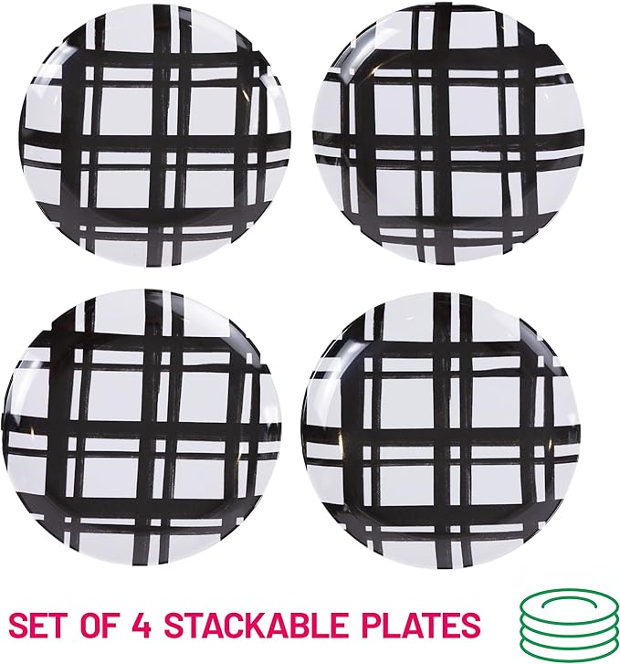 Sprinkles & Confetti Melamine Plate Set 6" Appetizer Plates, Reusable Outdoor Dinnerware for Entertaining, Patio & Picnic | Modern Black Plaid Design, Durable & Stylish Dish Set (Set of 4)
