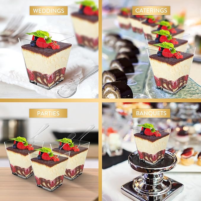 Mini Dessert Cups with Spoons (50 PACK) (Clear Spoons) (No Lids) – 5 oz Plastic Appetizer Cups for Parfait – Reusable Mini Square Dessert Cups for Events, Parties, & More - BPA Free Catering Supplies