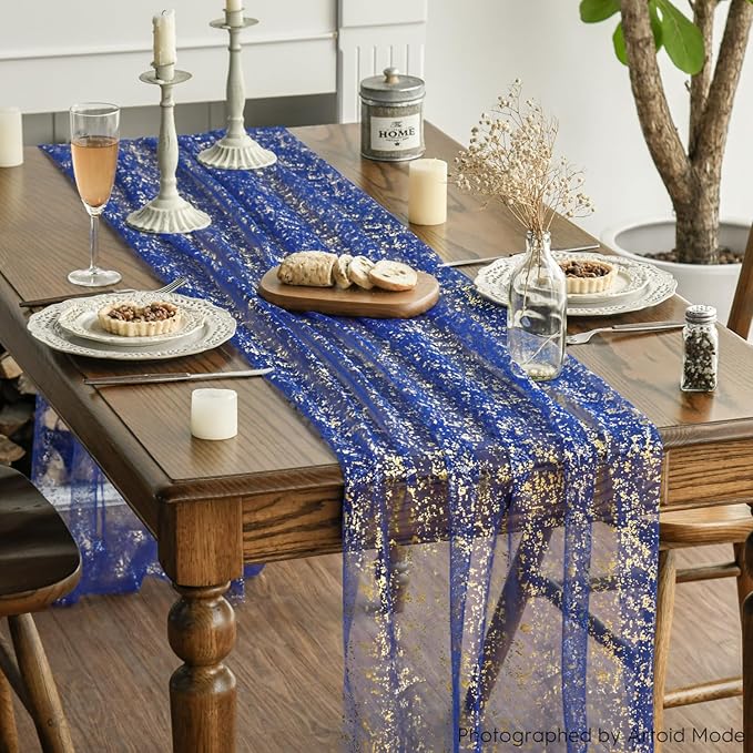 Artoid Mode 10PCS Blue Gold Gauze Table Runner 120 Inch 10FT, Glitter Metallic Foil Sheer Dining Wedding Anniversary Holiday Table Decor for Home Party