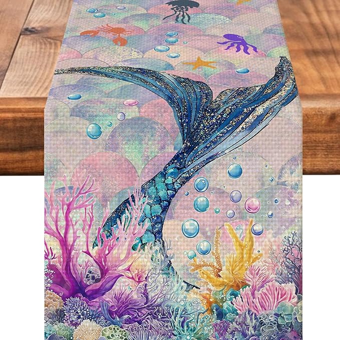 Mermaid Tail Table Runner Seasonal Holiday Kitchen Dining Linen Table Decoration for Indoor Outdoor Home Party Decor 13 x 72 Inch