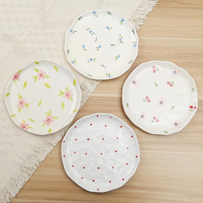Koythin Floral Ceramic Dinner Plates, 8" Microwave Safe Dishes for Pasta, Modern Rustic Appetizer Plate for Salad Fruits Dessert Cake (Retro Pink Flower)